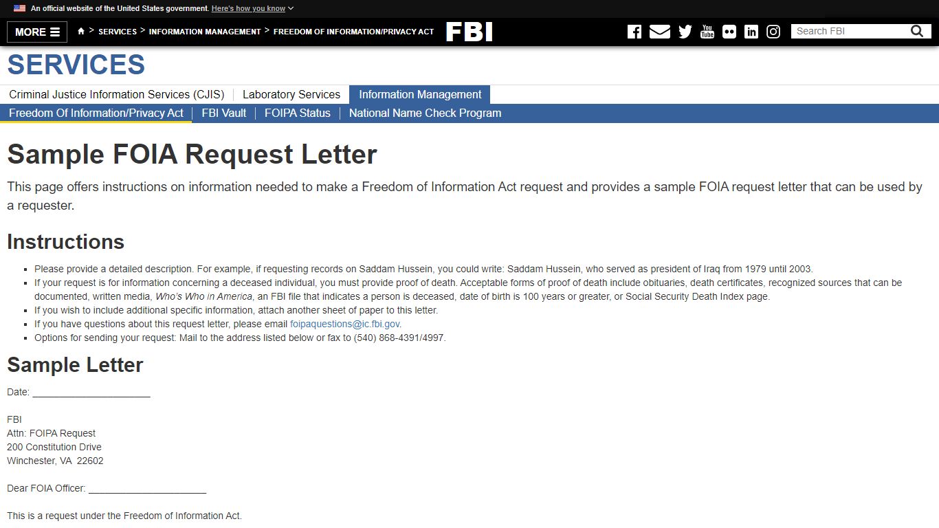 Sample FOIA Request Letter — FBI - Federal Bureau of Investigation